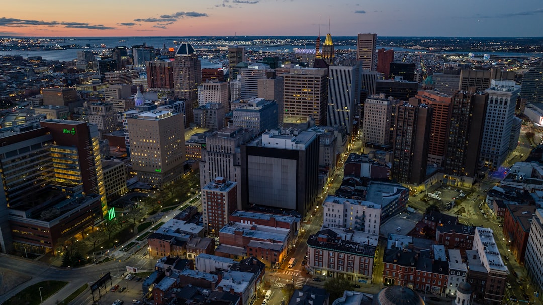 An aerial view of a city at night