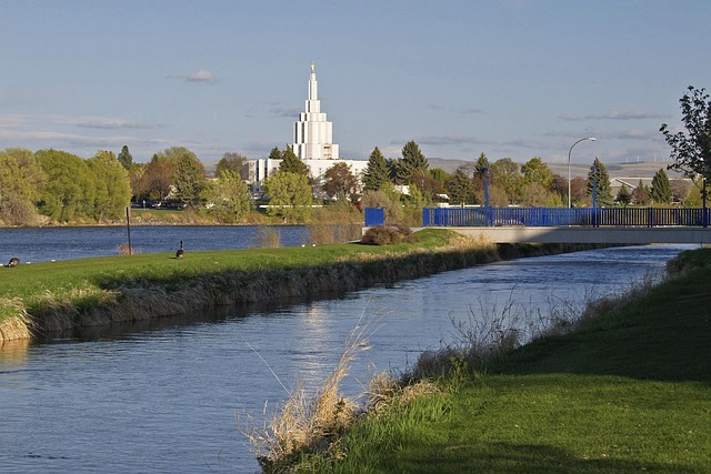 idaho falls, idaho, usa, mormon, temple, river, canal, nature, water, landscape, city, town, building
