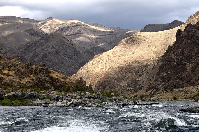 nature, rocks, mountains, grass, tress, snake river, hell's canyon, landscape, rapids, idaho, lewiston idaho