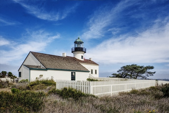 old point loma lighthouse, lighthouse, building, structure, nature, historic, historical, landmark, fence, grass, sunny, san diego, california